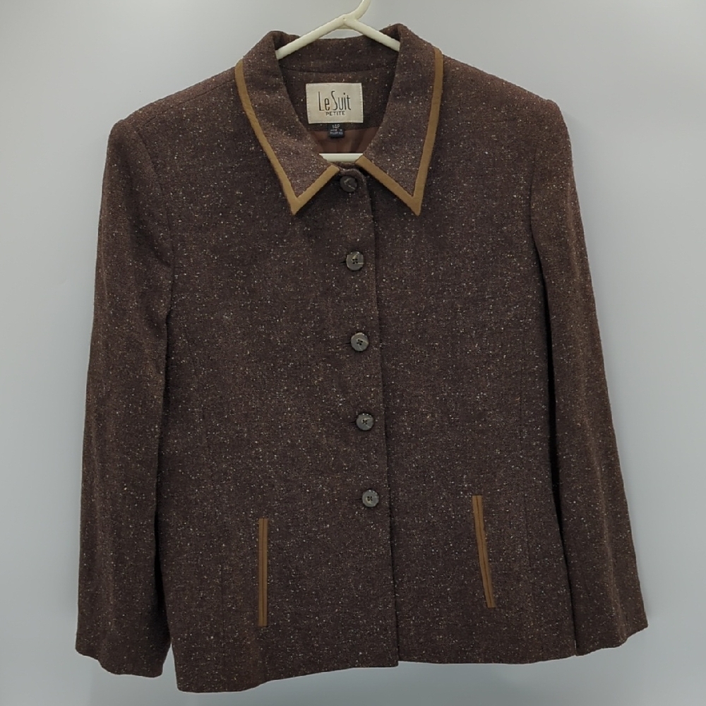 Le Suit Tweed Wool Blend Blazer Jacket Brown 14 Petite Professional Business